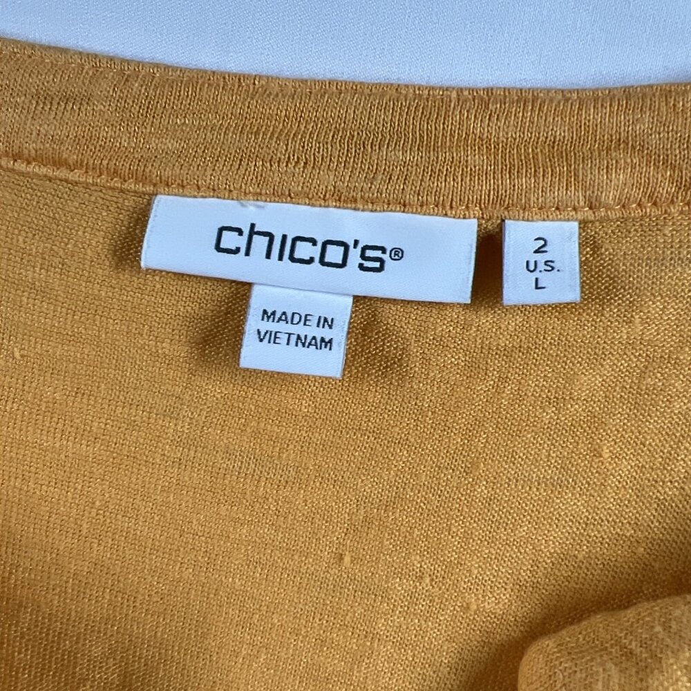 Chicos Women's Top Large 100%‎ Linen Yellow Embroidered Bohemia 3/4 Sleeve Light - Picture 3 of 8